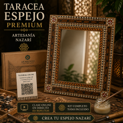 Kit DIY de marquetería nazarí para crear espejo artesanal inspirado en la Alhambra con piezas de taracea y clase online