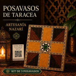 Kit DIY de 3 posavasos de taracea nazarí con manual tutorial ilustrado.